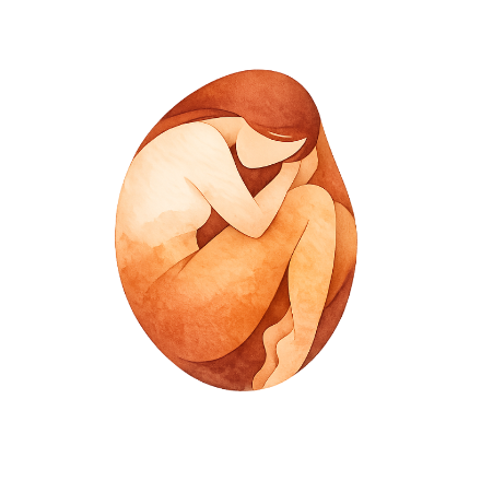 Símbolo O Casulo — mulher enrolada sobre si mesma, em aguarela terracotta